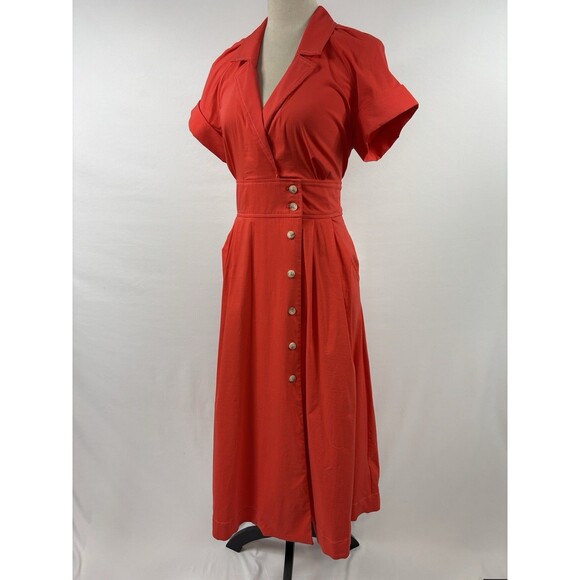 Maeve Anthropologie Shirt Dress Red 10 Cut Out Back Collared Maxi - Picture 12 of 12
